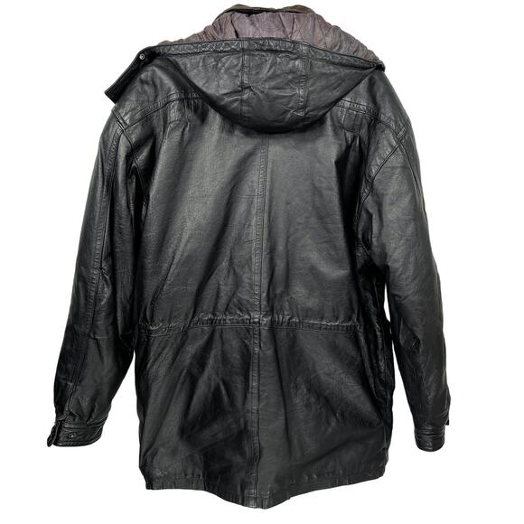 Stratojac Leather Parka Jacket Coat Men's Large Black Brown Hooded Heavy VT - Picture 2 of 16